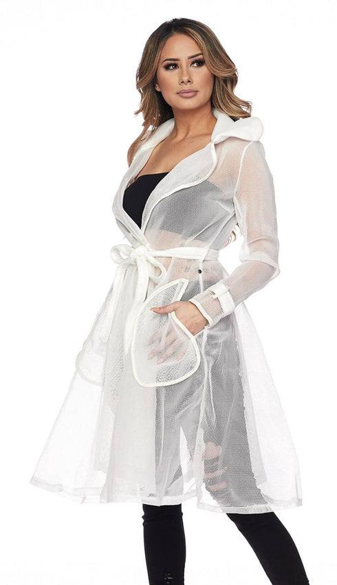 Belted Sheer Mesh Midi Trench Coat - White - SohoGirl.com